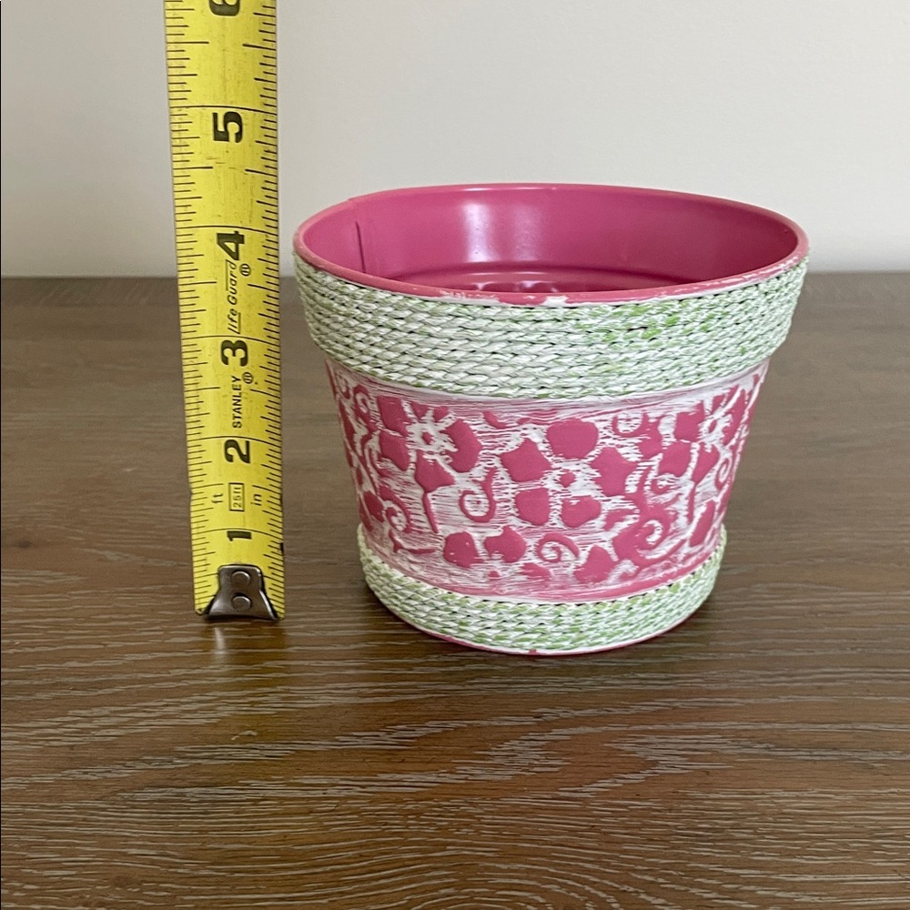 Pink Floral Embossed Planter with Green Trim - Picture 6 of 6